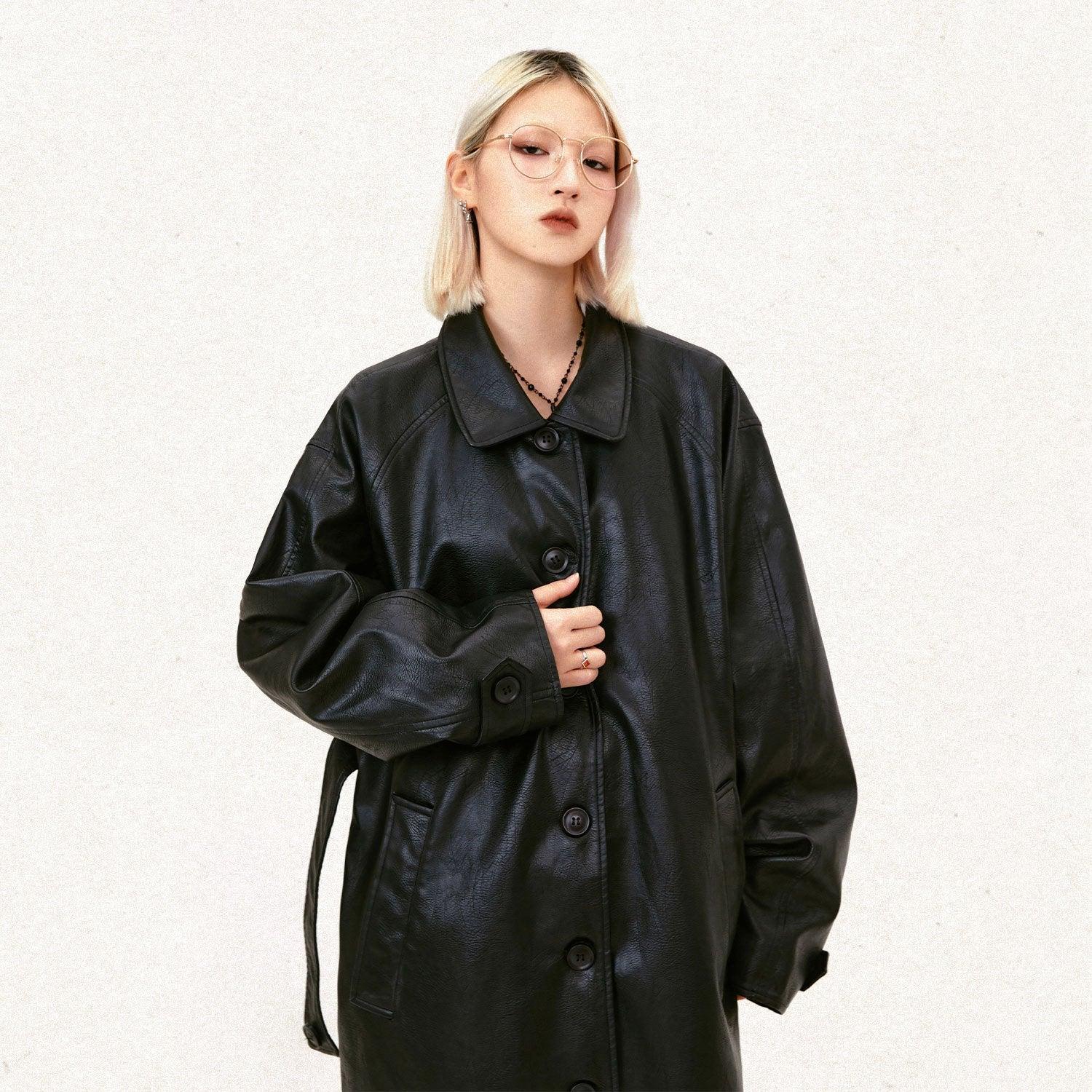 Y2k Solid Color Leather Coat - tntwear1