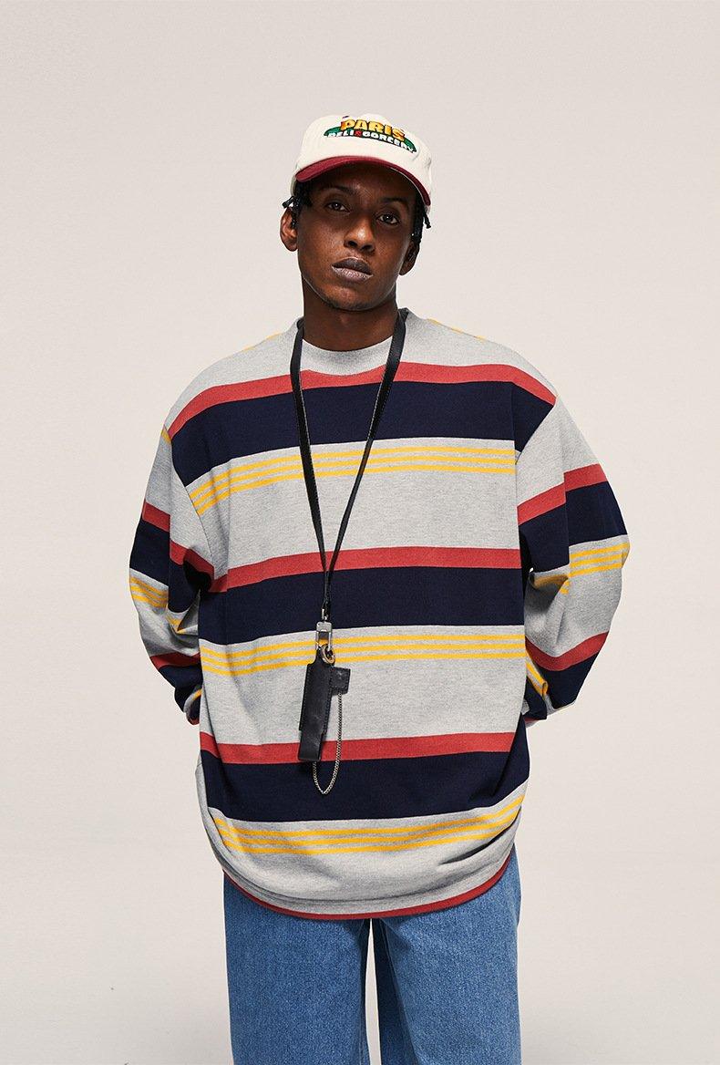 Contrast Striped Loose Long-sleeved T-shirt - tntwear1