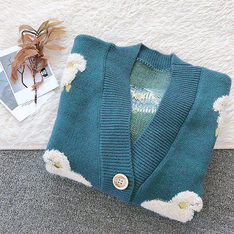 Knitted Sweater Cardigan Flocked Sheep - tntwear1