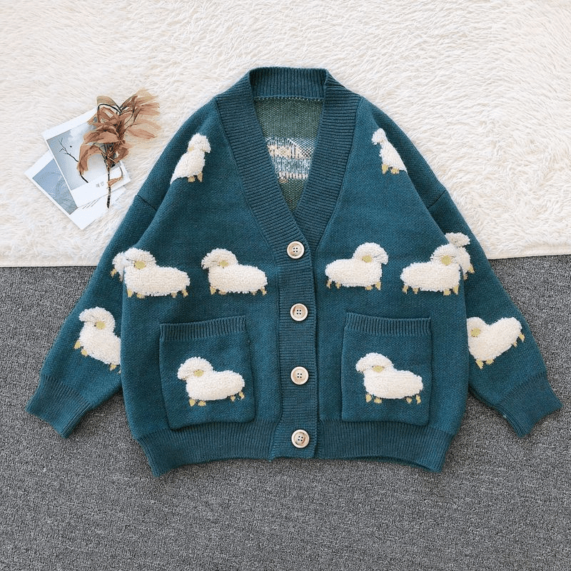 Knitted Sweater Cardigan Flocked Sheep - tntwear1