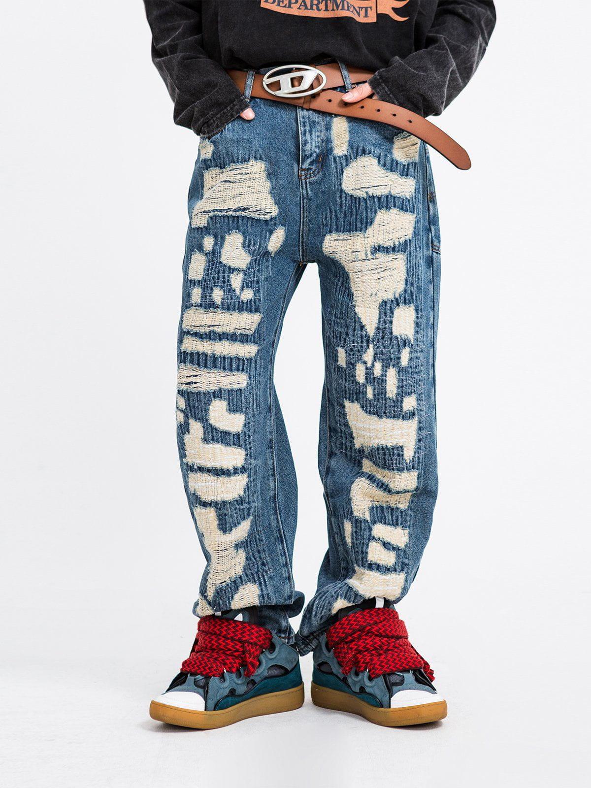 Tntwear® - Distressed Stitched Patched Jeans - tntwear1