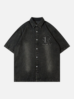 Tntwear® - Embroidery Denim Short Sleeve Shirts - tntwear1