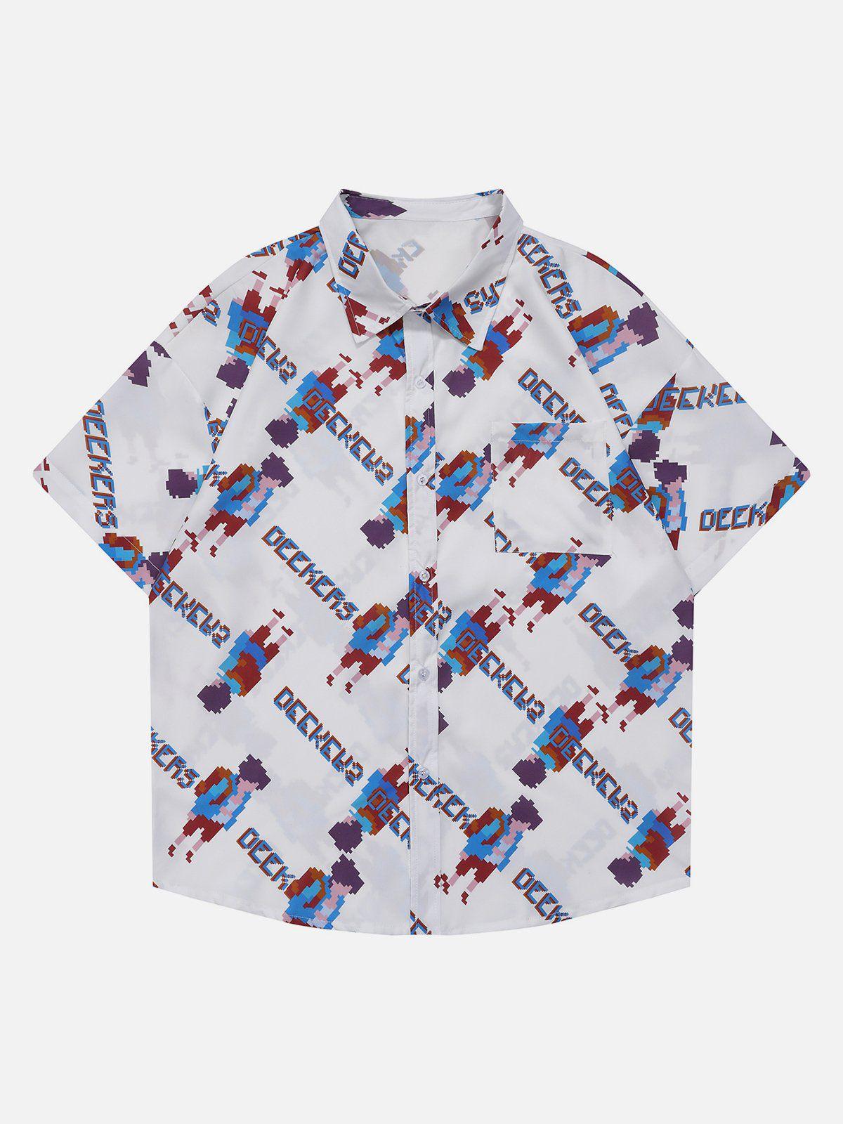 Tntwear® - Full Print Pixel Cartoon Character Short Sleeve Shirt - tntwear1