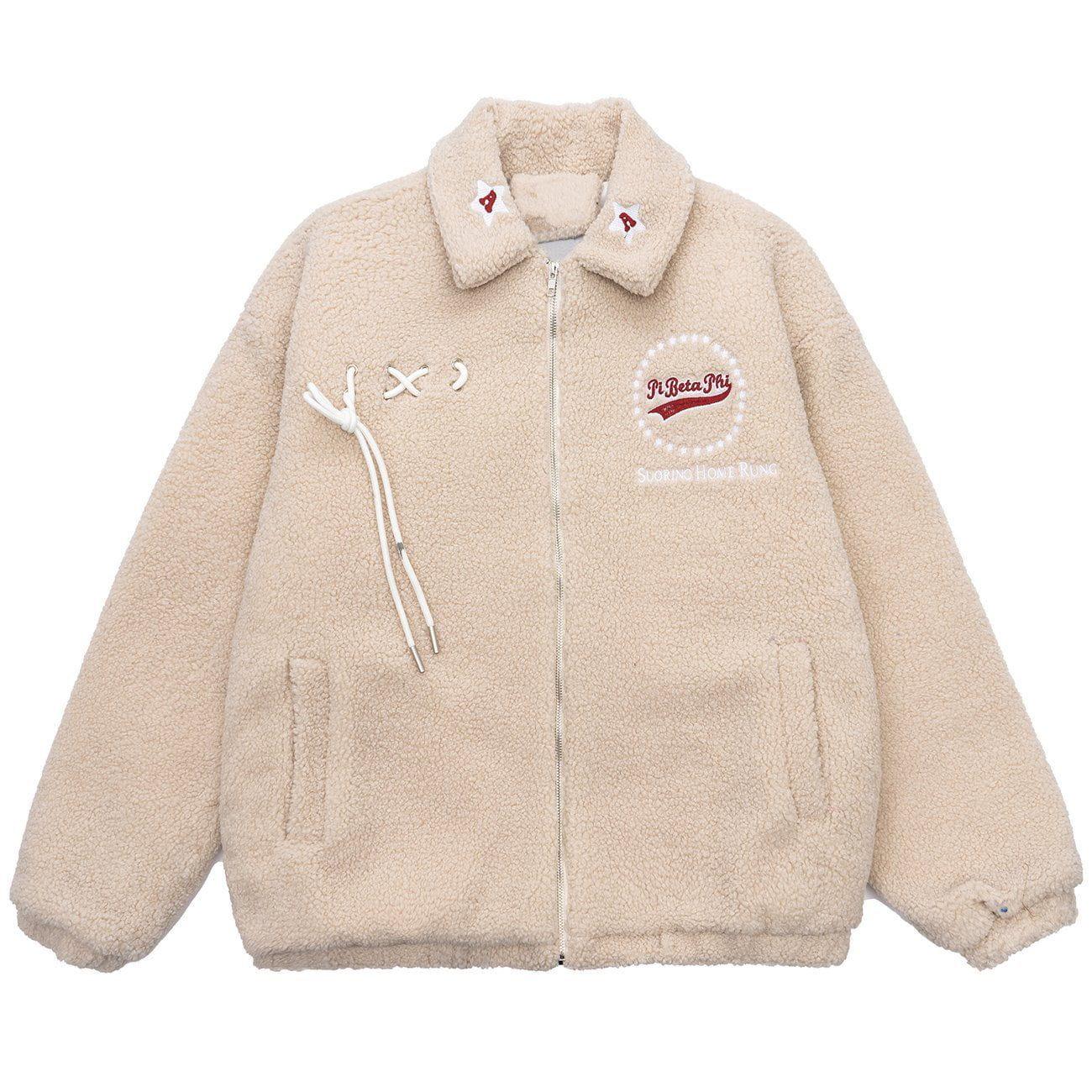 Tntwear® - Letter Embroidery Solid Color Sherpa Winter Coat - tntwear1