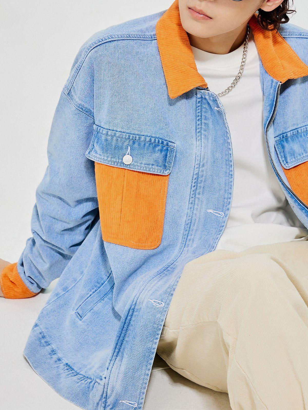 Tntwear® - Orange Corduroy Patchwork Denim Jacket - tntwear1