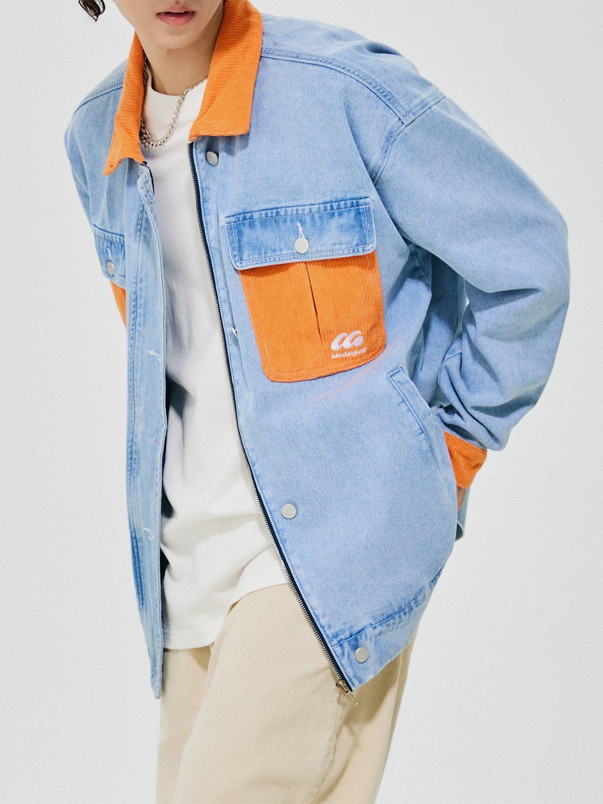 Tntwear® - Orange Corduroy Patchwork Denim Jacket - tntwear1