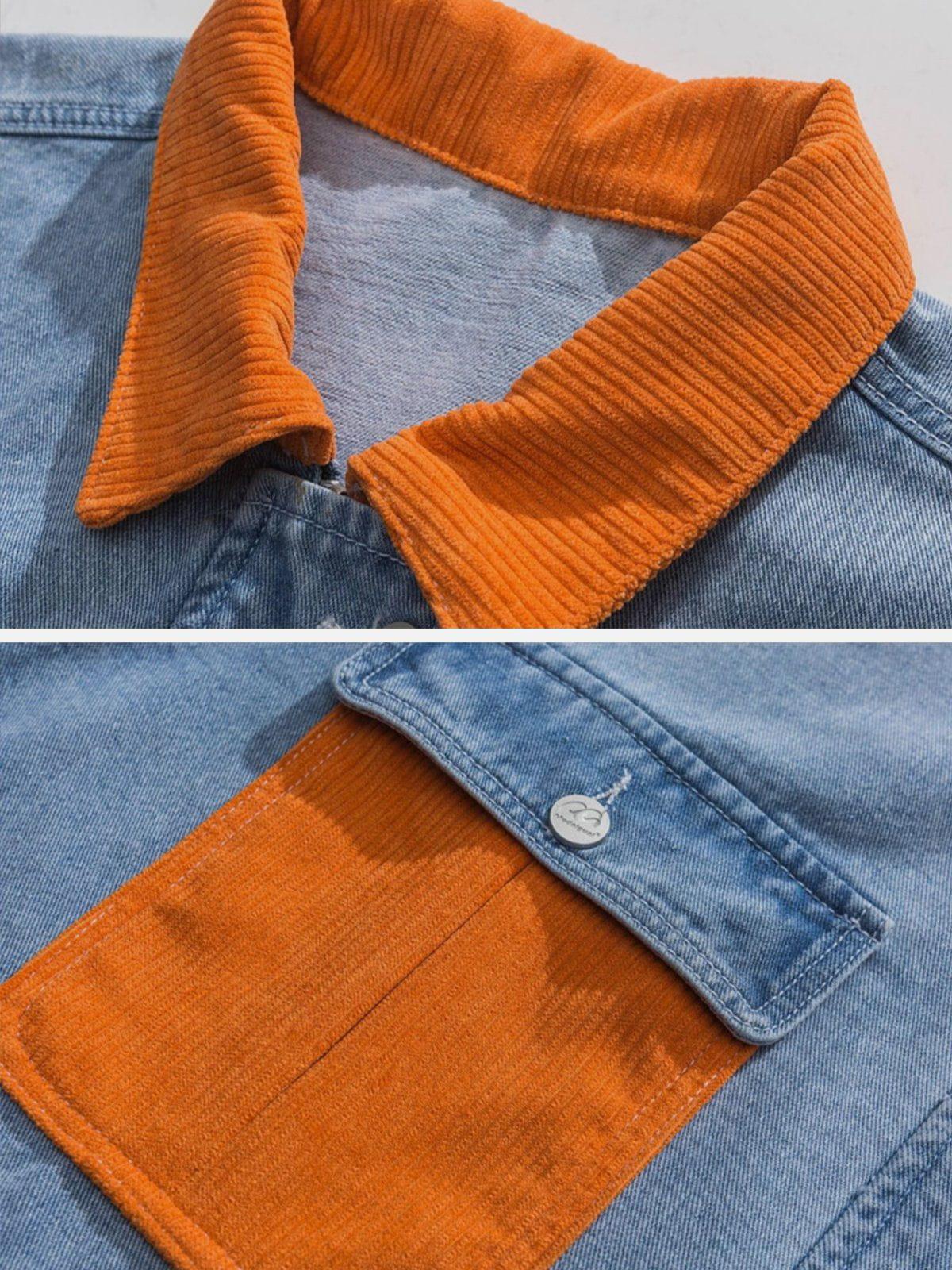 Tntwear® - Orange Corduroy Patchwork Denim Jacket - tntwear1