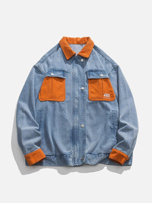 Tntwear® - Orange Corduroy Patchwork Denim Jacket - tntwear1