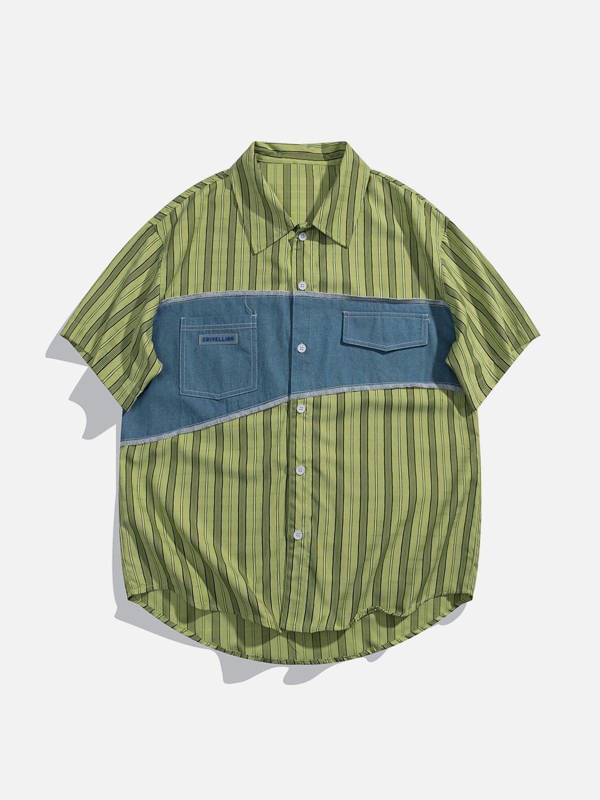 Tntwear® - Patchwork Stripe Short Sleeve Shirt - tntwear1