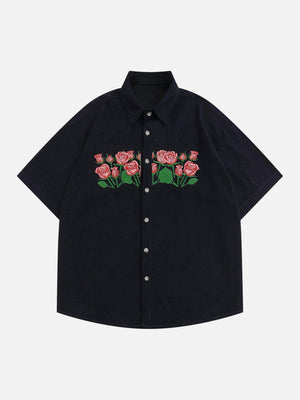 Tntwear® - Rose Embroidered Corduroy Short Sleeve Shirts - tntwear1