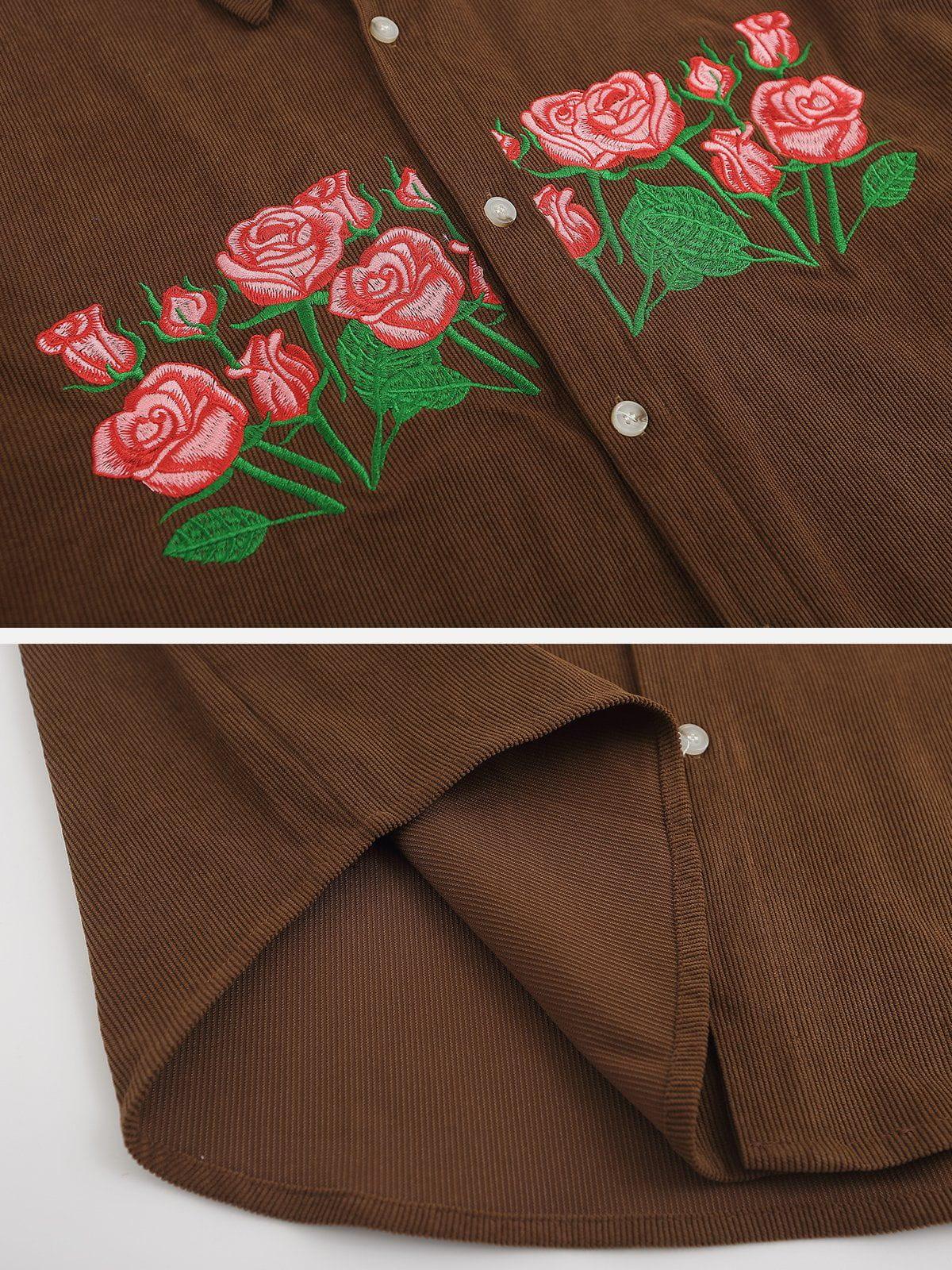 Tntwear® - Rose Embroidered Corduroy Short Sleeve Shirts - tntwear1