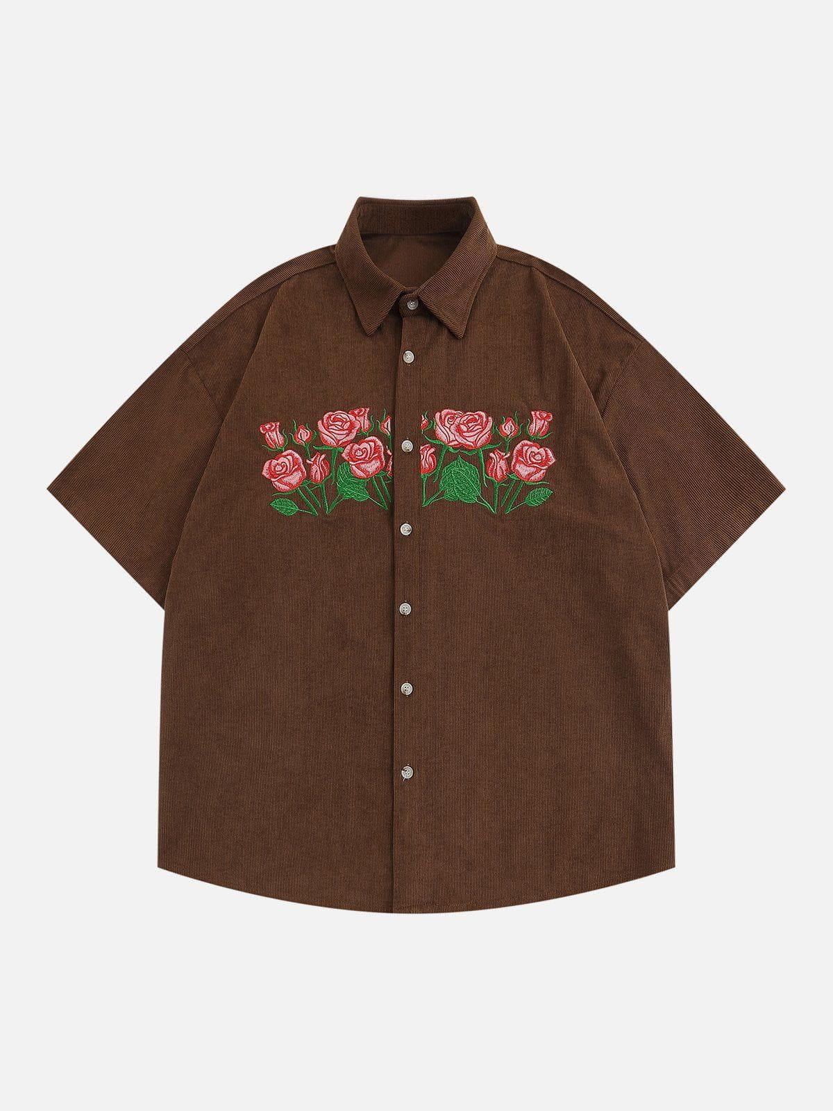 Tntwear® - Rose Embroidered Corduroy Short Sleeve Shirts - tntwear1