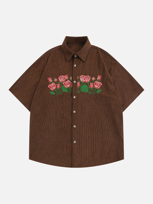 Tntwear® - Rose Embroidered Corduroy Short Sleeve Shirts - tntwear1