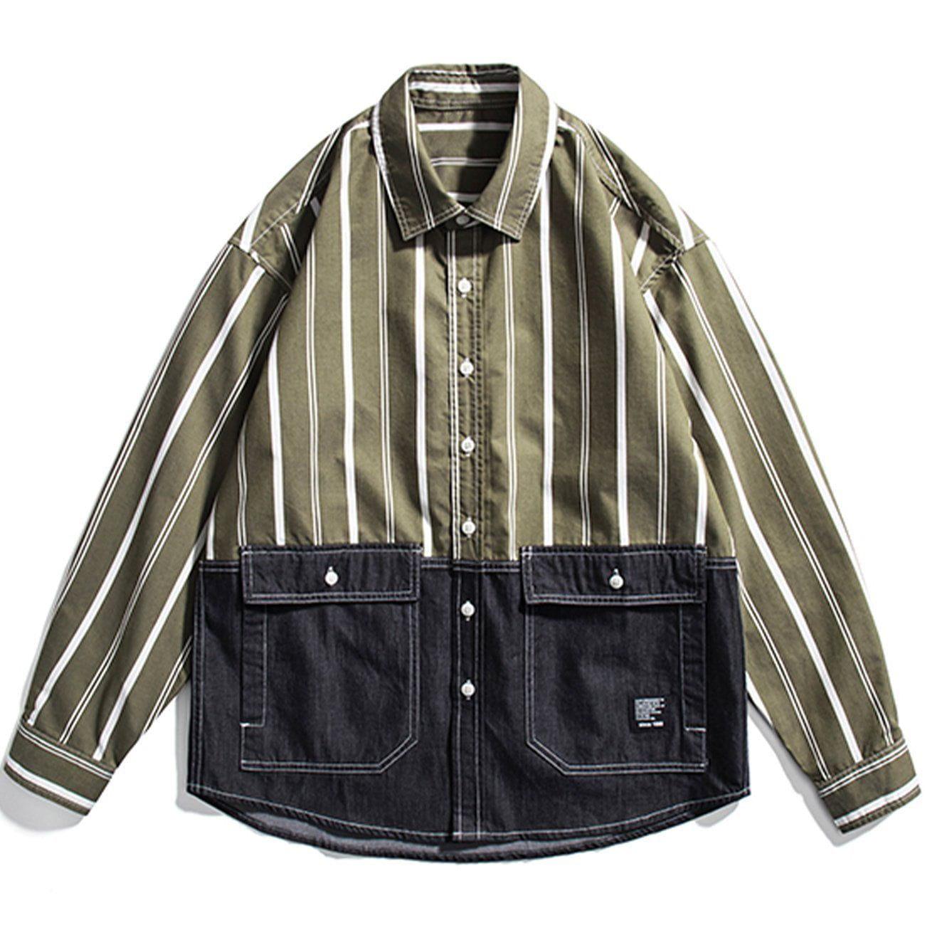 Tntwear® - Stripe Splicing Denim Long-sleeved Shirt - tntwear1