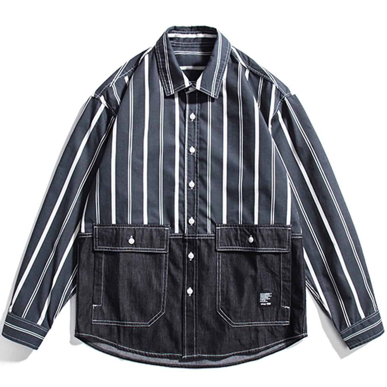 Tntwear® - Stripe Splicing Denim Long-sleeved Shirt - tntwear1