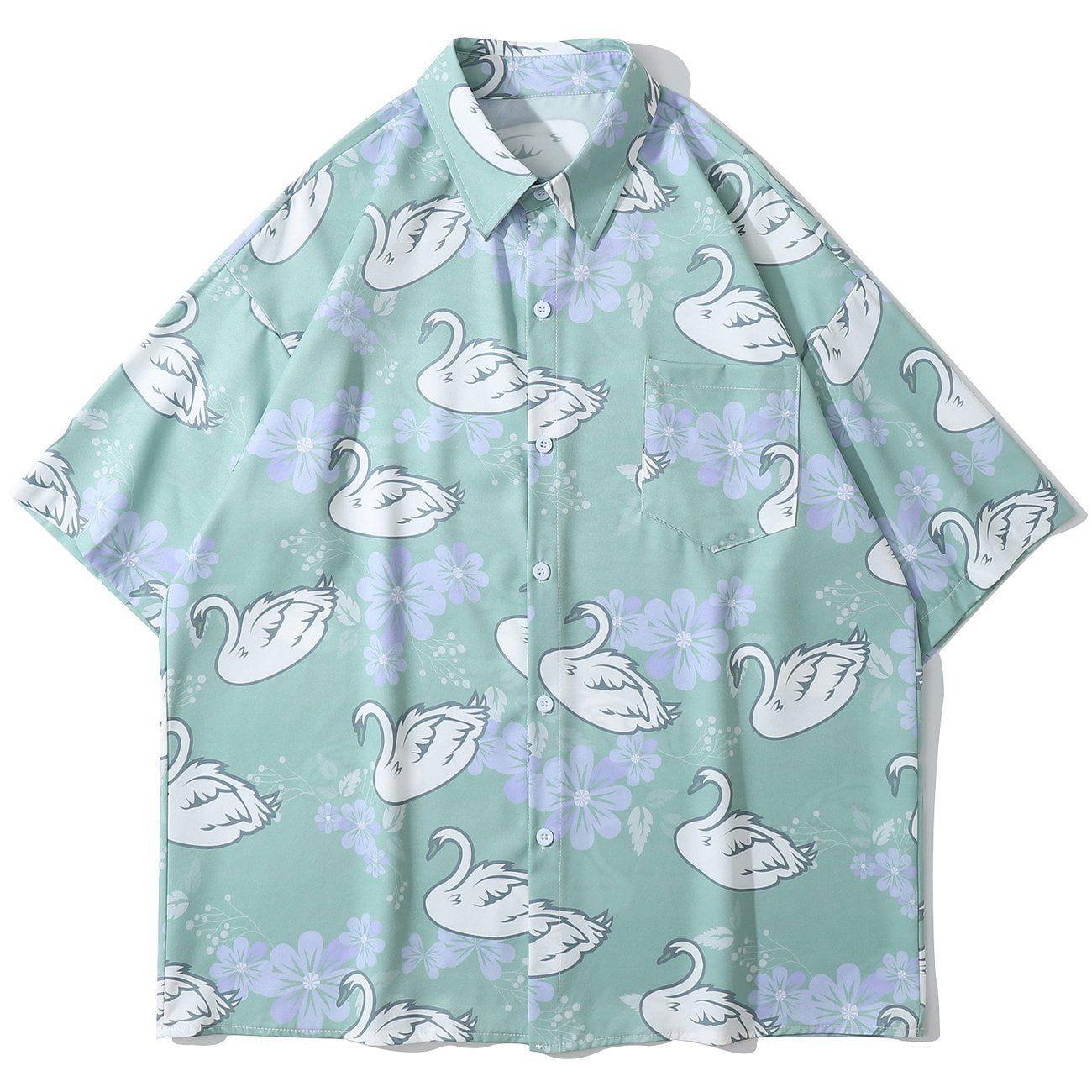 Tntwear® - Swan Full Print Short-sleeved Shirt - tntwear1