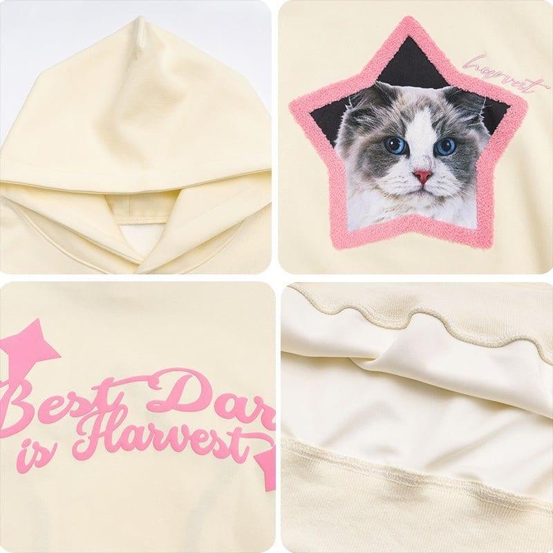 Tntwear Cute Hoodie Flocked Star Cat - tntwear1