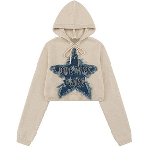 Tntwear® Women Crop Hooded Sweater Denim Star Patch - tntwear1