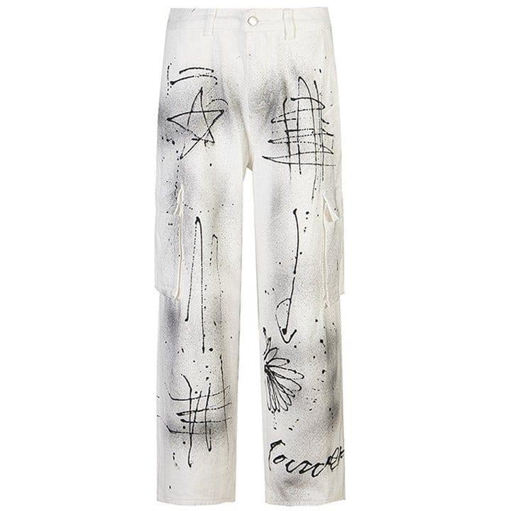 Tntwear® White Ink Graffiti Cargo Jeans - tntwear1