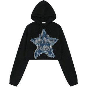 Tntwear® Women Crop Hooded Sweater Denim Star Patch - tntwear1