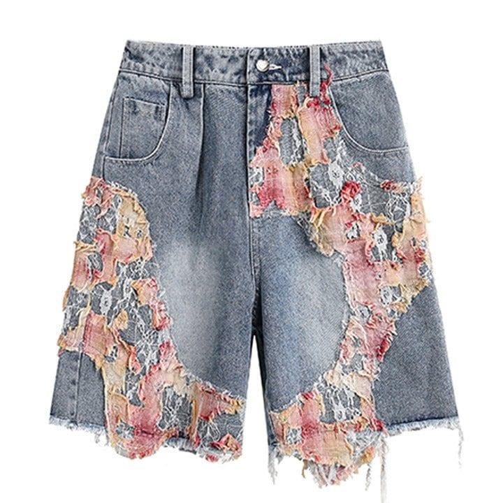 Tntwear® Washed Denim Shorts Colorful Patch - tntwear1