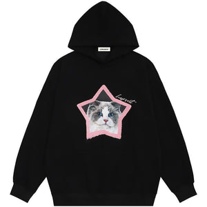 Tntwear Cute Hoodie Flocked Star Cat - tntwear1