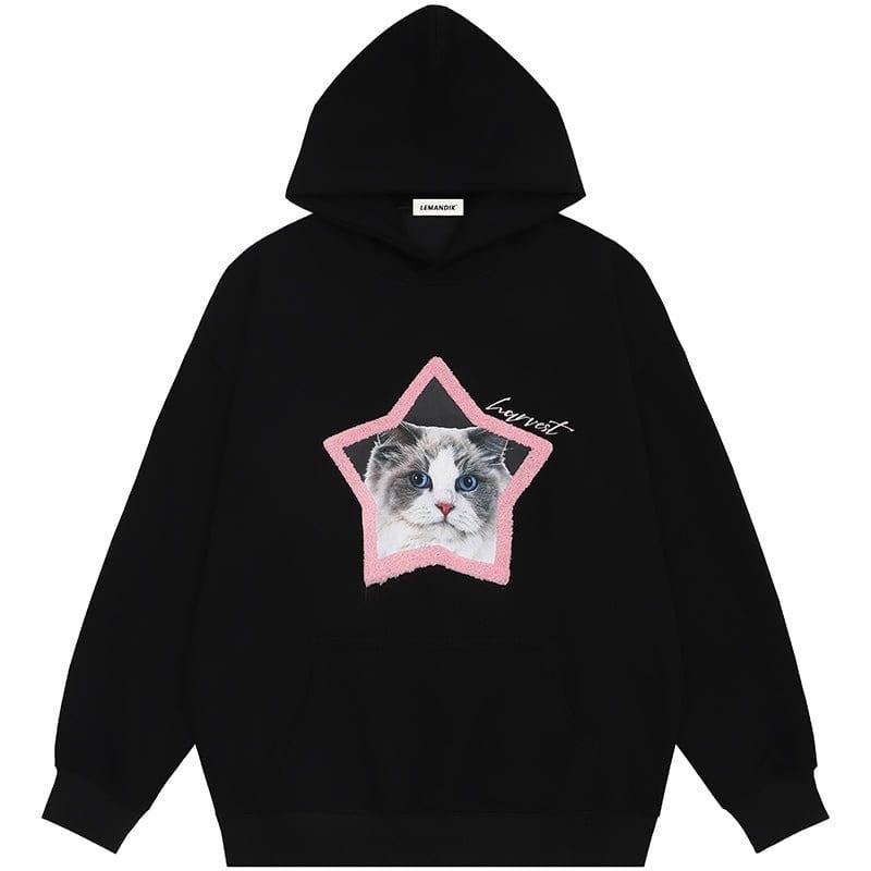 Tntwear Cute Hoodie Flocked Star Cat - tntwear1