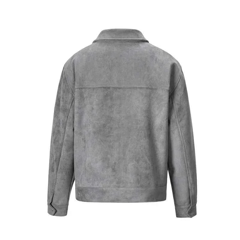 Back view of Hipok Brand grey suede jacket with long sleeves and collar
