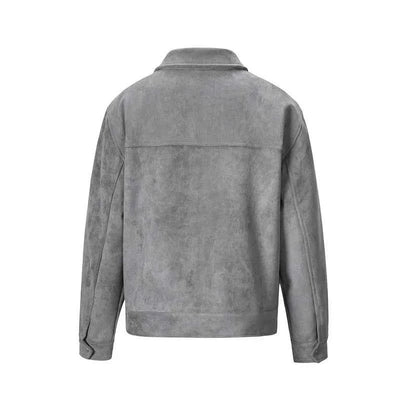 Back view of Hipok Brand grey suede jacket with long sleeves and collar