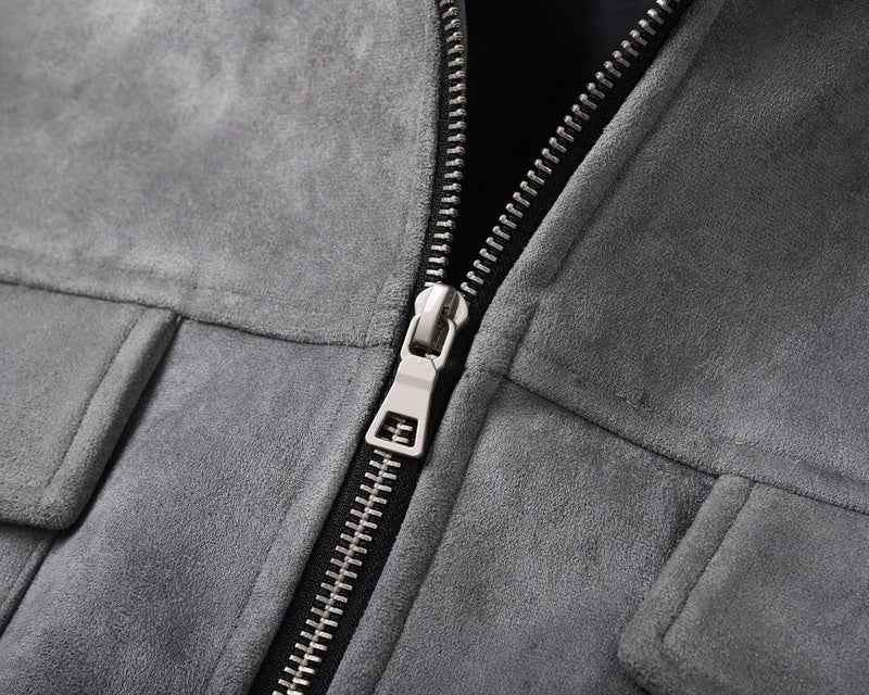 Close-up of zipper and texture on Hipok Brand Grey Suede Jacket showing soft suede material