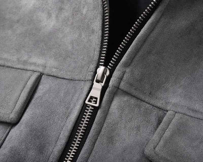 Close-up of zipper and texture on Hipok Brand Grey Suede Jacket showing soft suede material