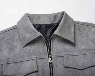 Hipok Brand grey suede jacket with front zipper and two chest pockets close-up