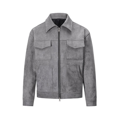Hipok Brand Grey Suede Jacket with front zipper and multiple pockets for casual wear